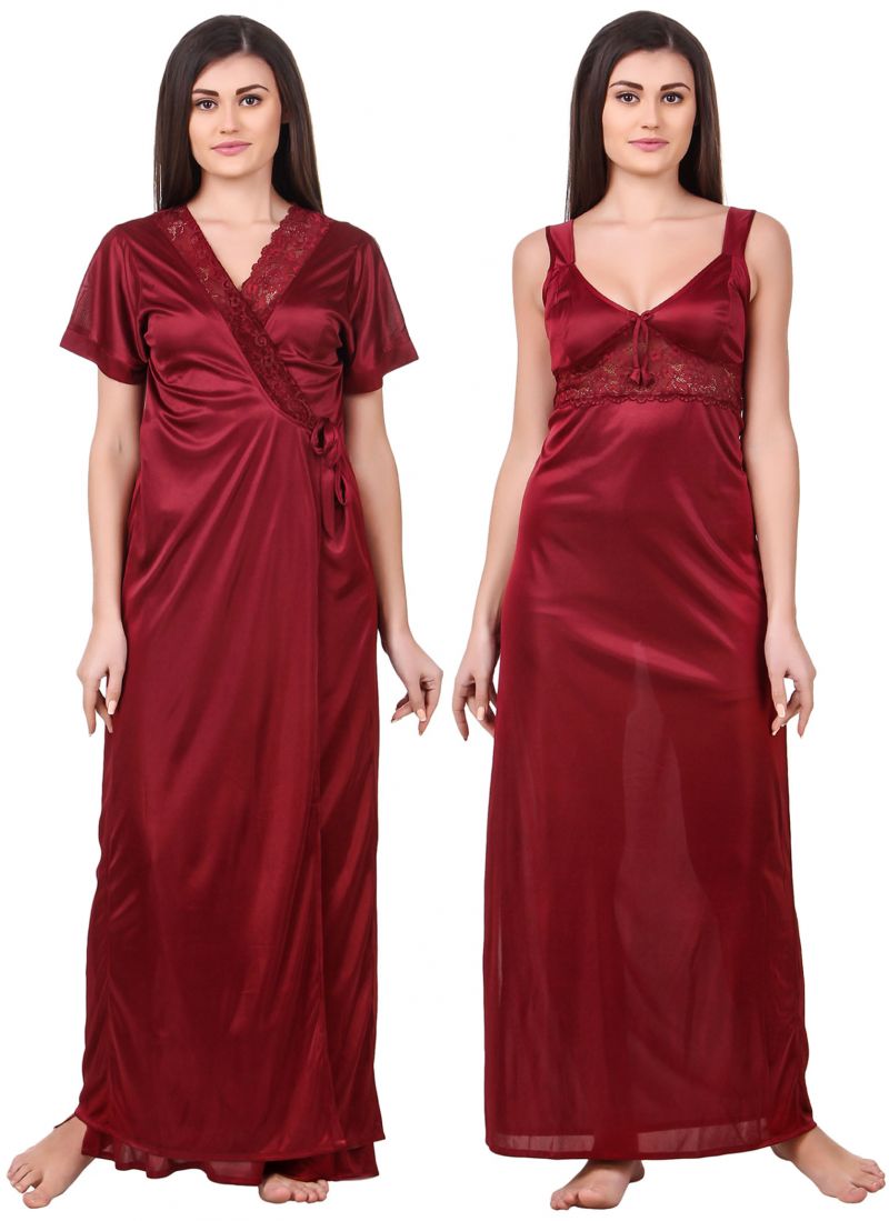 Buy Fasense Women Satin Maroon Nightwear 2 PC Set Of Nighty & Wrap Gown Om007 D online