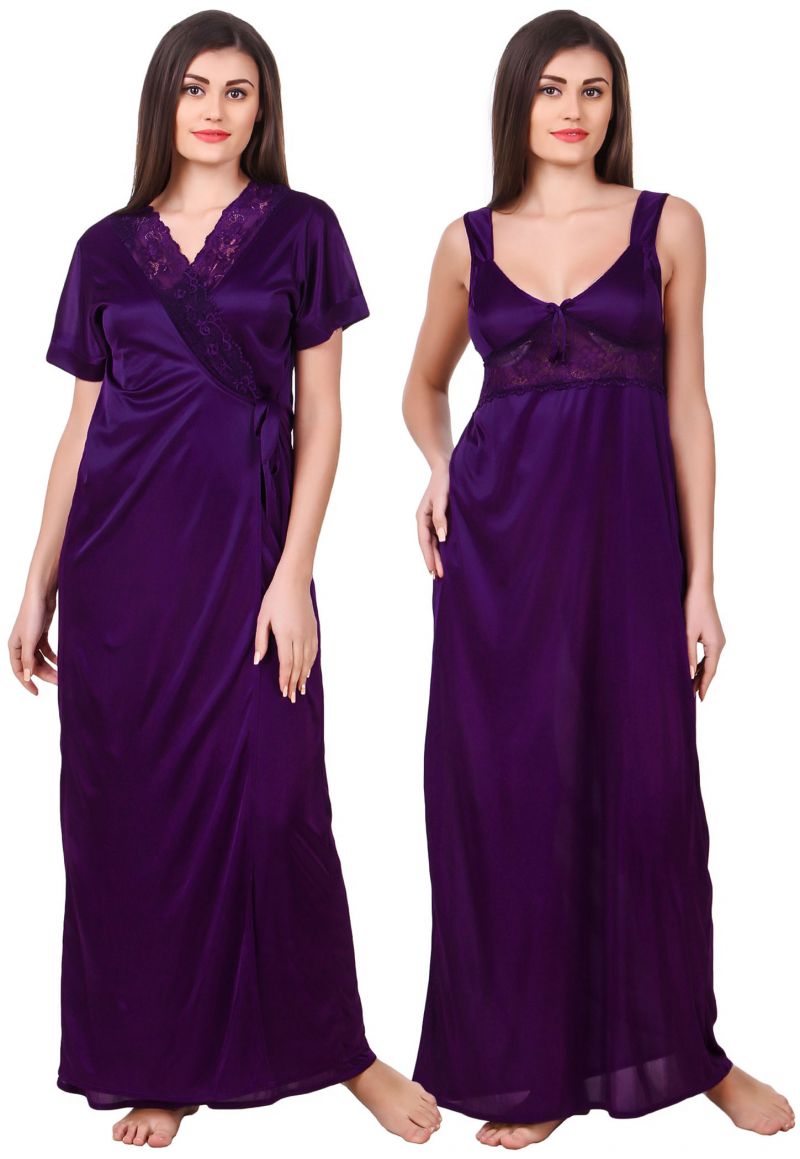 Buy Fasense Women Satin Dark Purple Nightwear 2 PC Set Of Nighty & Wrap Gown - ( Code - Om007 F ) online