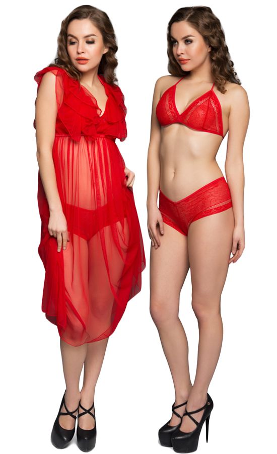 Buy Clovia Red Sheer Baby Doll With Free Lace Bra-brief online