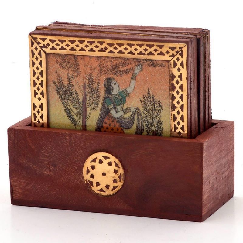 Buy Vivan Creation Gemstone Painting Pure Brass Tea Coasters Gift online