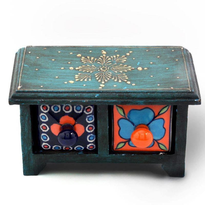 Buy Vivan Creation Wooden Ceramic Blue Pottery Double Drawer Set 262 online