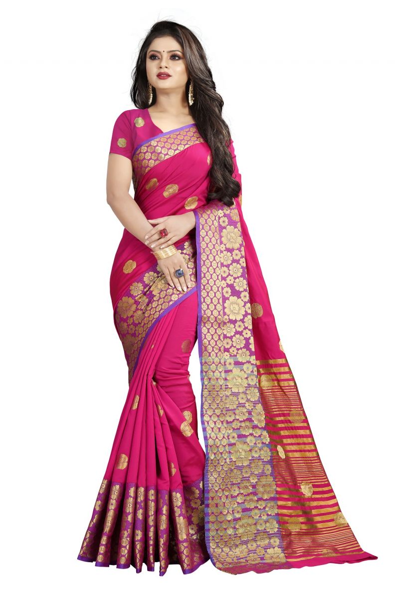 Buy Mahadev Enterprises Pink Cotton Silk Weaving Saree With Running Blouse Pics online