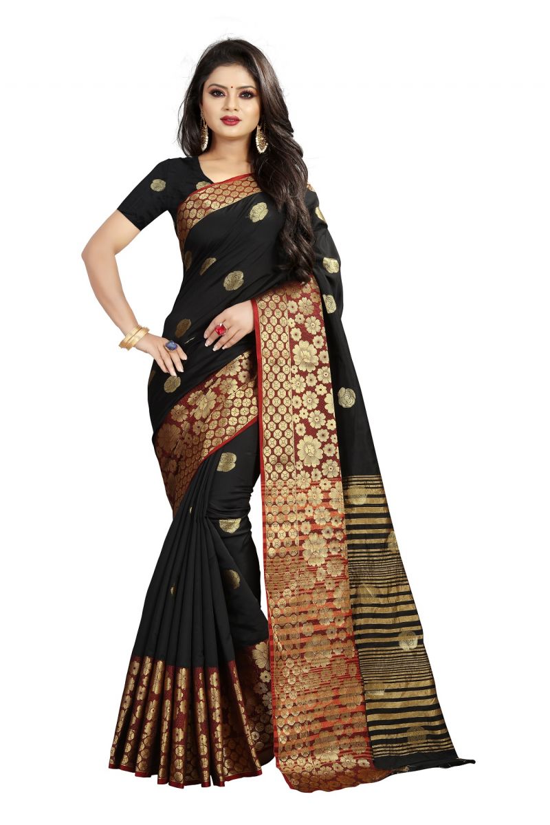 Buy Mahadev Enterprises Black Cotton Silk Weaving Saree With Running Blouse Pics online