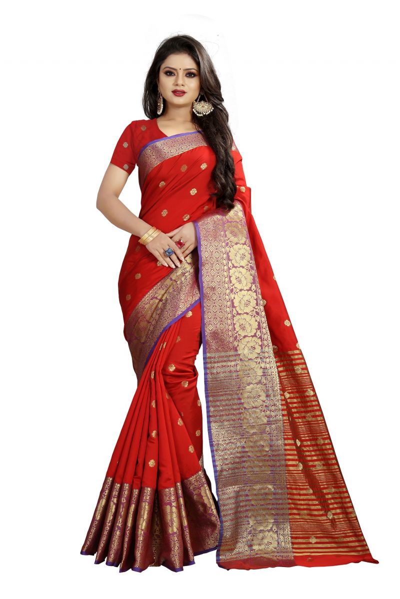 Buy Mahadev Enterprises Red Cotton Silk Weaving Saree With Running Blouse Pics online