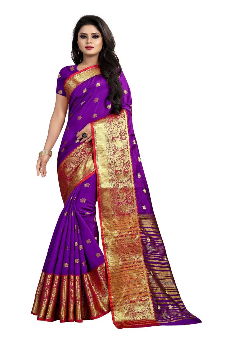 Buy Mahadev Enterprises Purple Cotton Silk Jequard Border Weaving Saree With Running Blouse Pics online