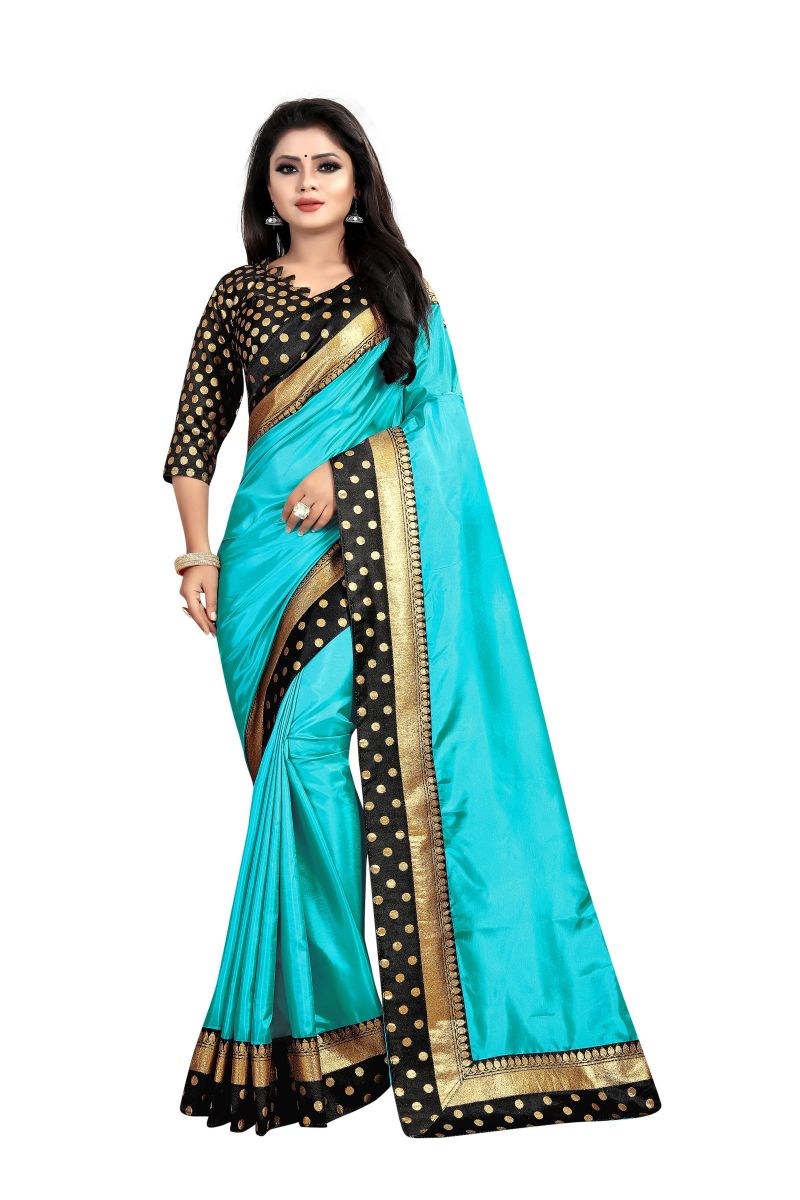 Buy Mahadev Enterprises Turquoise Paper Silk Saree With Jacquard Blouse Pics online