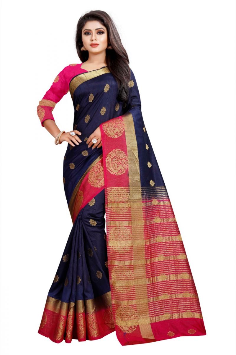 Buy Mahadev Enterprises Blue And Pink Kanjiwaram Silk Saree With Running Blouse Pics ( Code -bbc129a) online