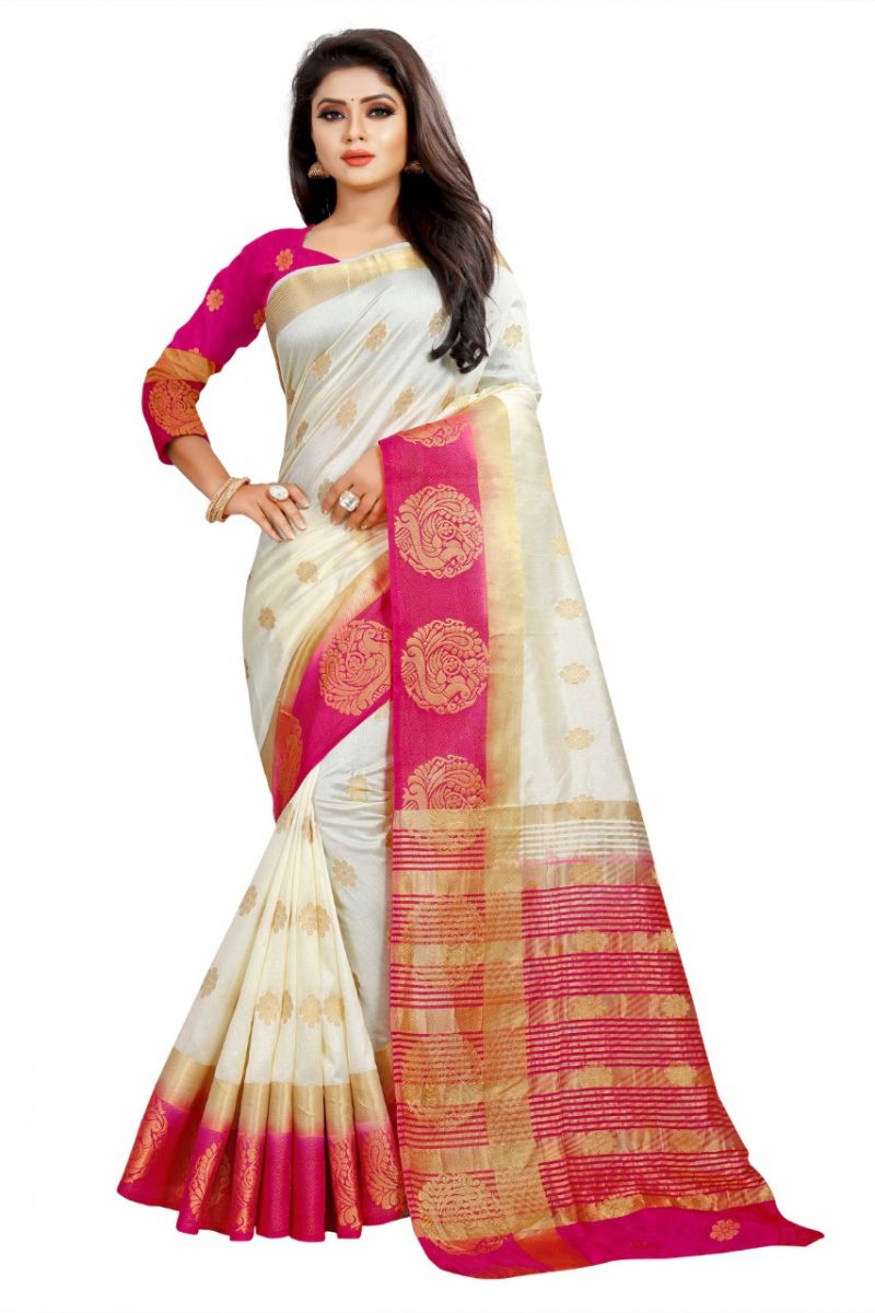 Buy Mahadev Enterprises White And Pink Kanjiwaram Silk Saree With Running Blouse Pics online