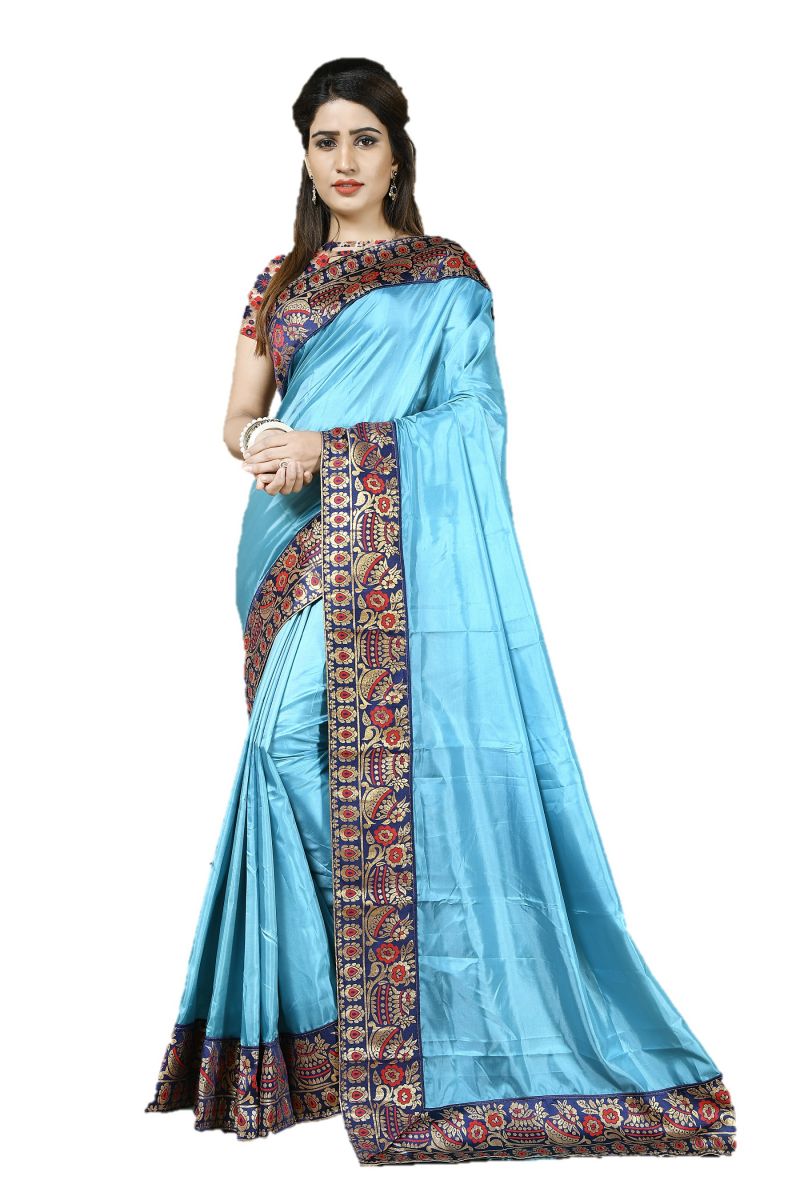Buy Mahadev Enterprise Turquoise Heavy Paper Silk Saree With Jacquard Blouse Pics online