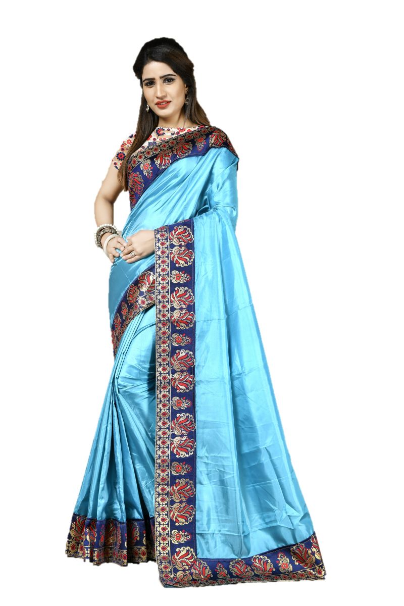 Buy Mahadev Enterprise Turquoise Heavy Paper Silk Saree With Jacquard Blouse Pics online
