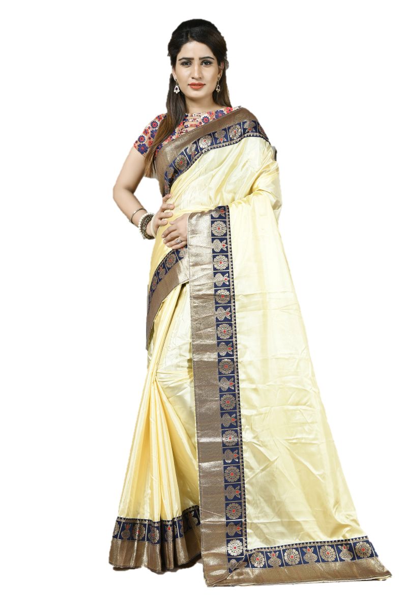 Buy Mahadev Enterprise Beige Heavy Paper Silk Saree With Jacquard Blouse Pics online