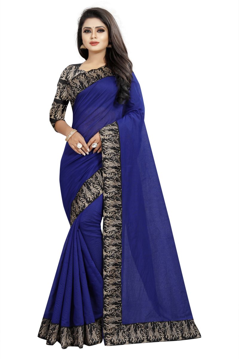 Buy Mahadev Enterprises Blue Chanderi Cotton Saree With Running Blouse Pics online