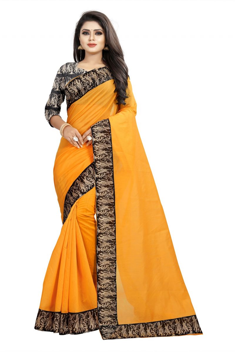 Buy Mahadev Enterprises Orange Chanderi Cotton Saree With Running Blouse Pics online