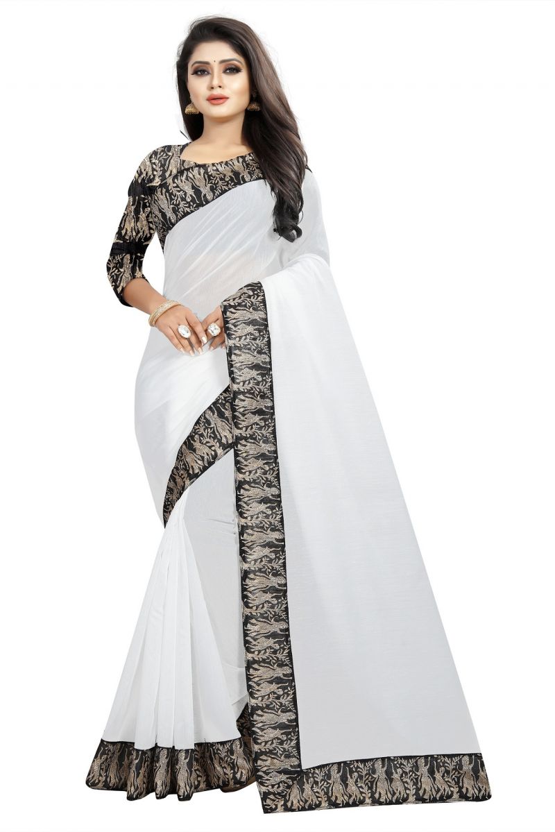 Buy Mahadev Enterprises White Chanderi Cotton Saree With Running Blouse Pics online