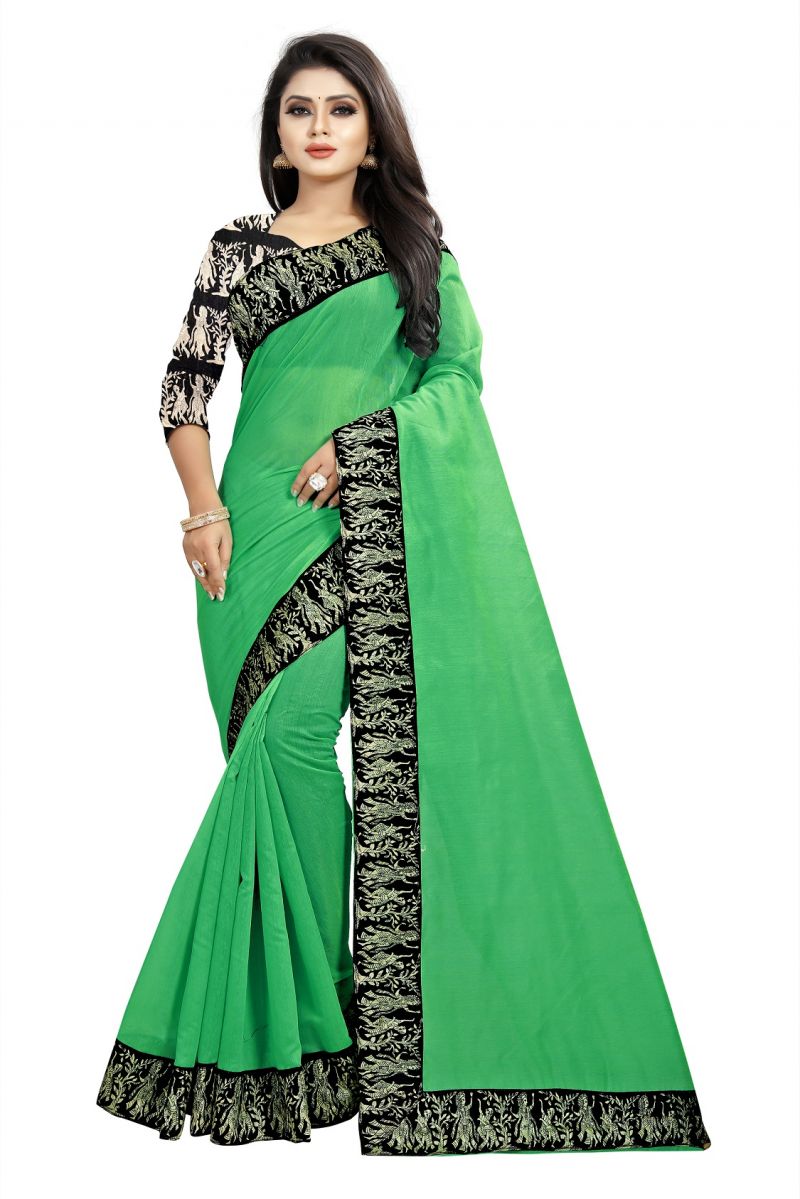 Buy Mahadev Enterprises Green Chanderi Cotton Saree With Running Blouse Pics online