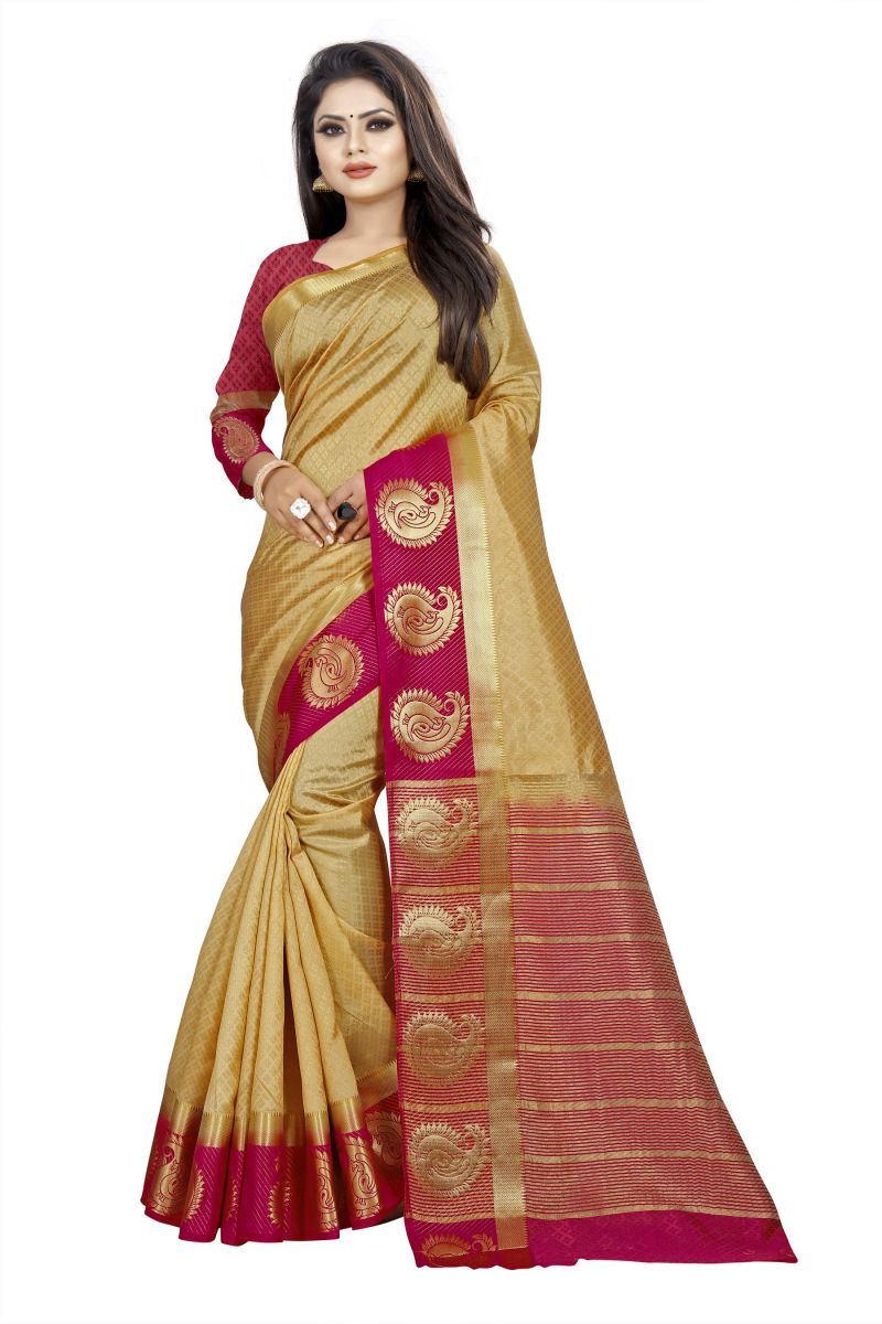Buy Mahadev Enterprise Chiku And Pink Kanjiwaram Silk Saree With Running Blouse Pics online
