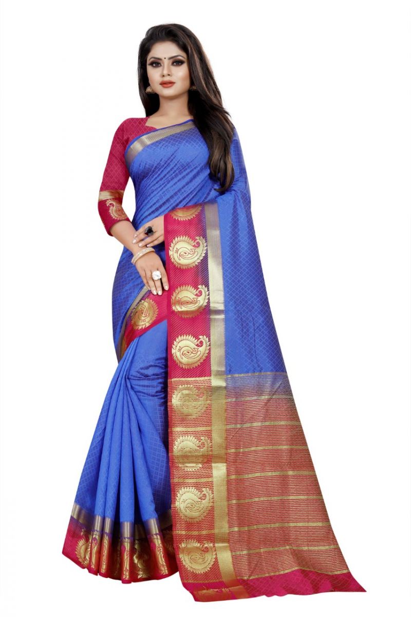 Buy Mahadev Enterprise Blue And Pink Kanjiwaram Silk Saree With Running Blouse Pics ( Code -bbc138c) online
