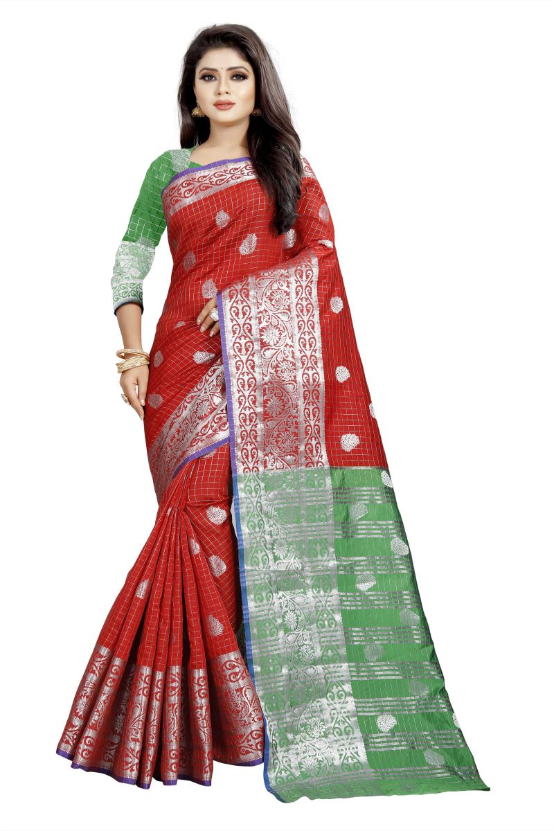 Buy Mahadev Enterprise Red And Green Cotton Silk Silver Jacquard Saree With Running Blouse Pic online
