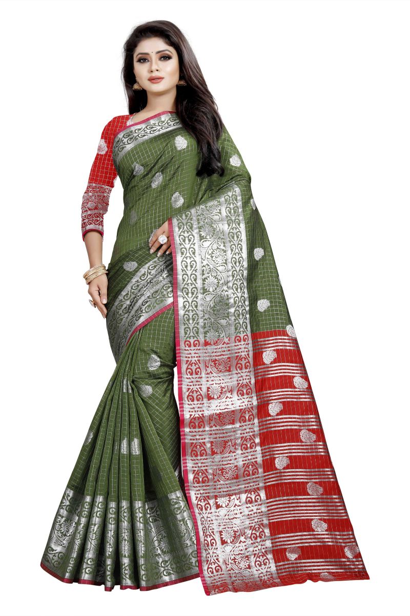Buy Mahadev Enterprise Mahendi And Red Cotton Silk Silver Jacquard Saree With Running Blouse Pic online