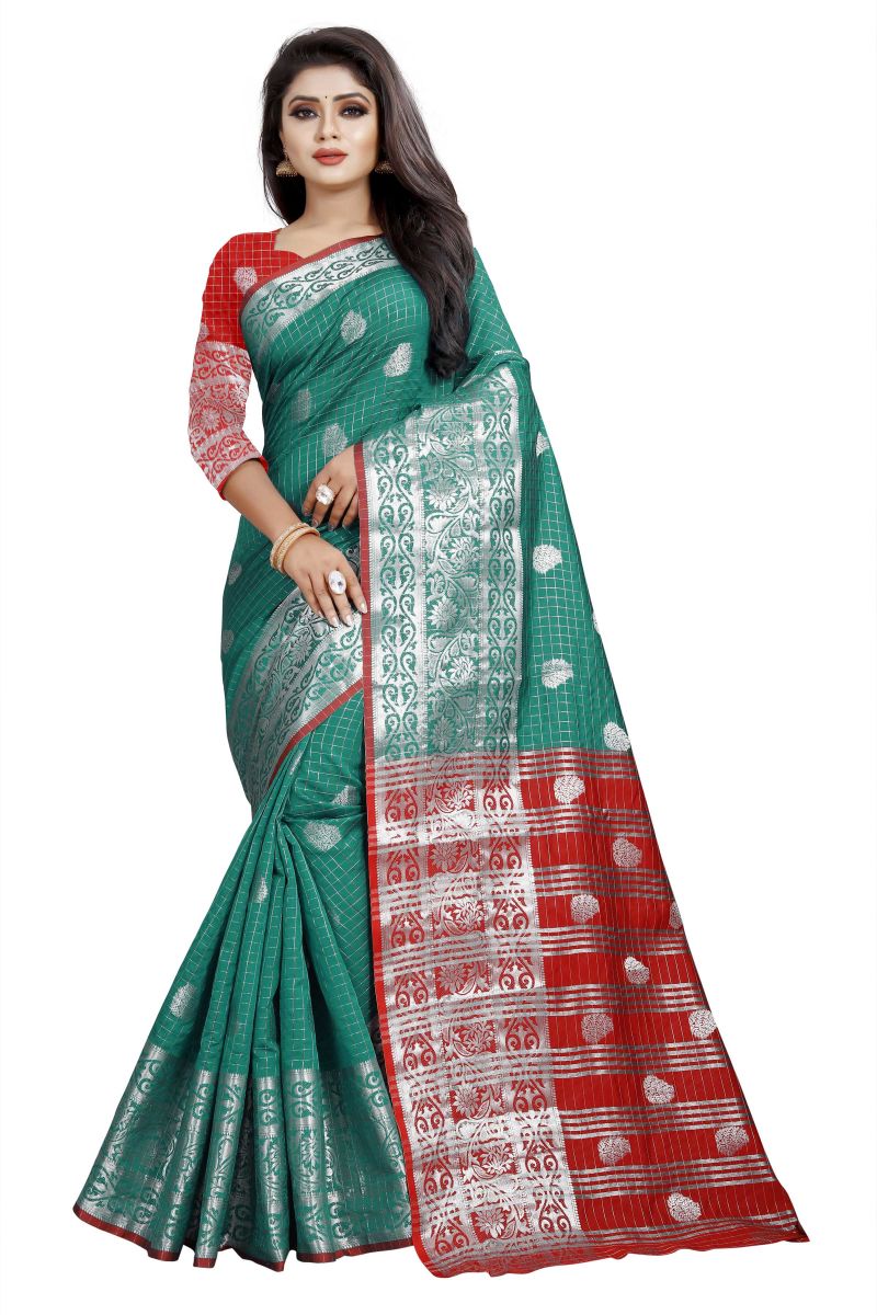 Buy Mahadev Enterprise Rama And Red Cotton Silk Silver Jacquard Saree With Running Blouse Pic online