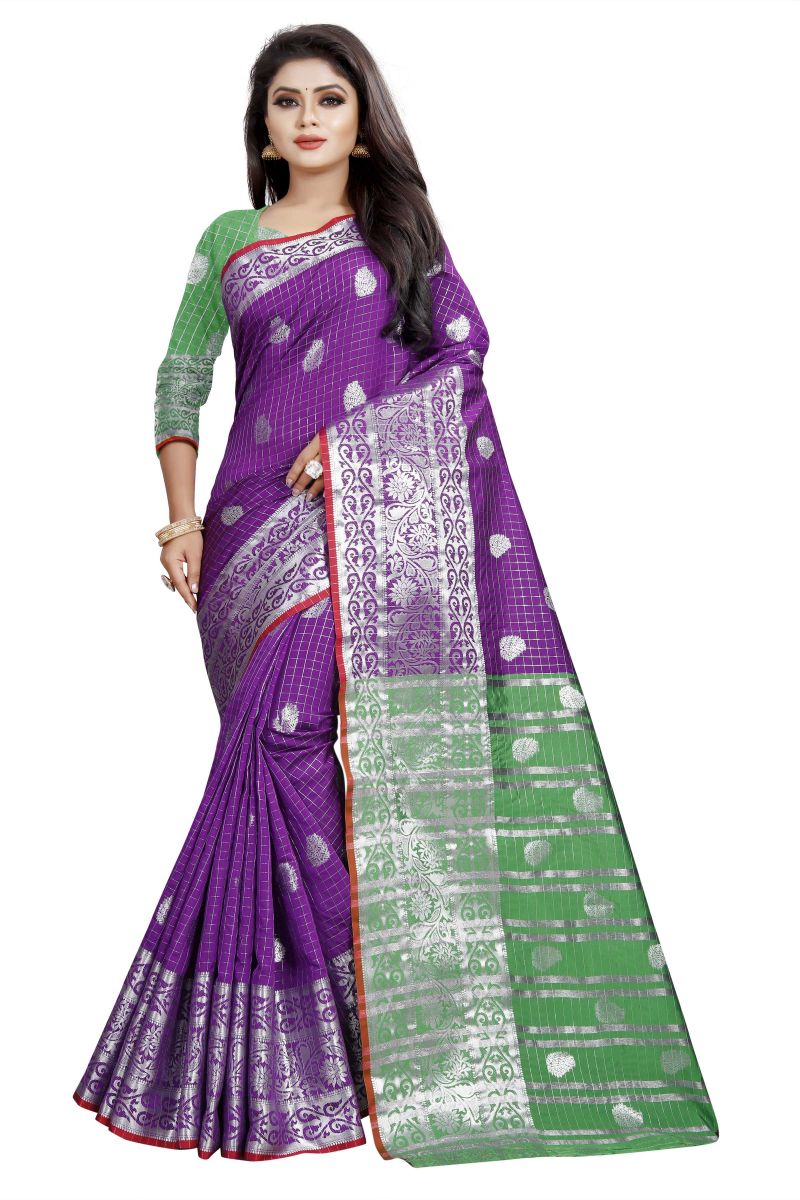 Buy Mahadev Enterprise Purple And Green Cotton Silk Silver Jacquard Saree With Running Blouse Pic online