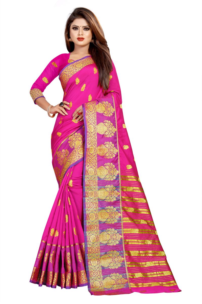 Buy Mahadev Enterprise Pink Jacquard Cotton Silk Saree With Running Blouse Pics online
