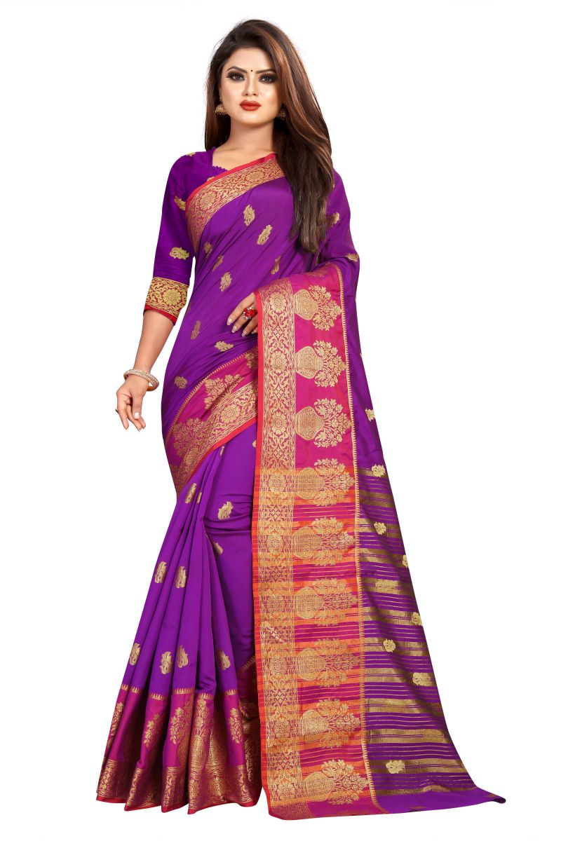 Buy Mahadev Enterprise Purple Jacquard Cotton Silk Saree With Running Blouse Pics online