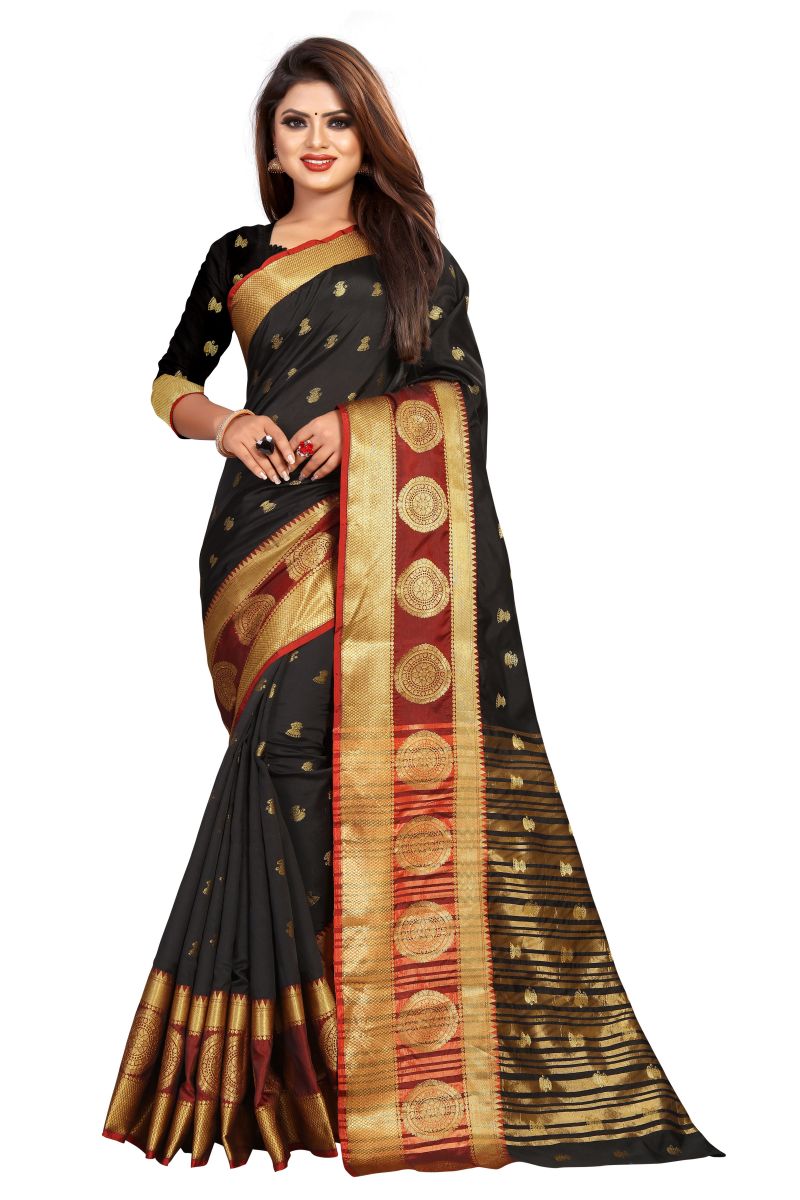 Buy Mahadev Enterprise Black Jacquard Cotton Silk Saree With Running Blouse Pics online