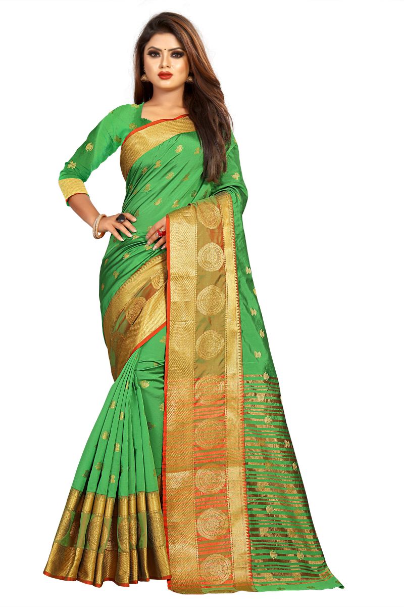 Buy Mahadev Enterprise Parrot Green Jacquard Cotton Silk Saree With Running Blouse Pics online