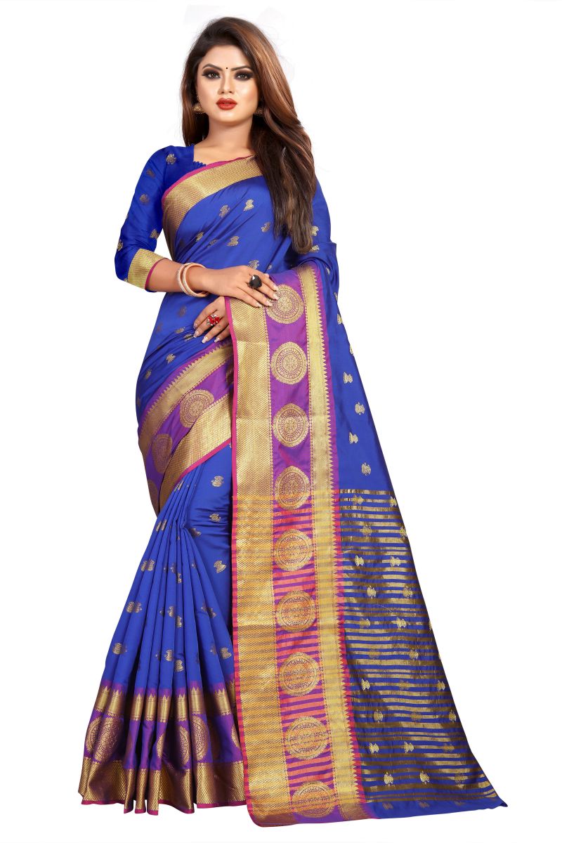Buy Mahadev Enterprise Blue Jacquard Cotton Silk Saree With Running Blouse Pics online