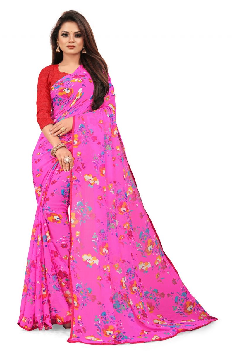Buy Mahadev Enterprise Pink Chiffon Printed Saree With Banglori Print Blouse Piecs( Code -bbc188a) online