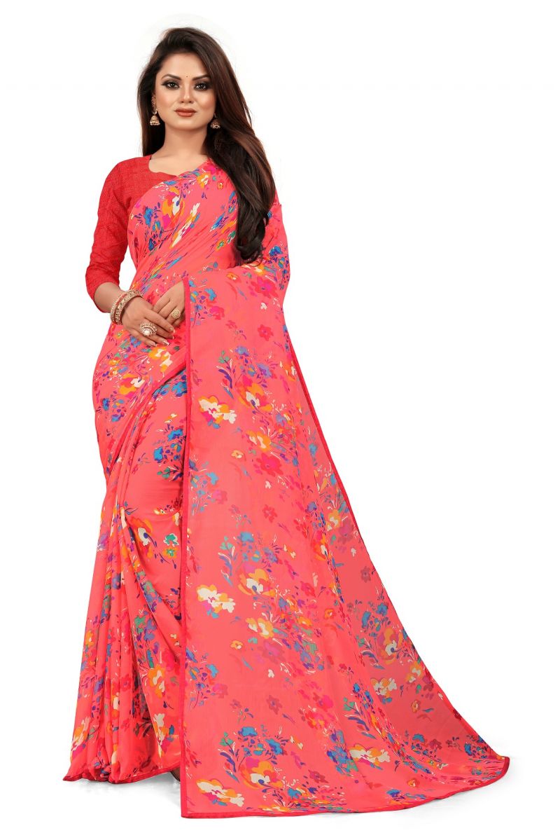 Buy Mahadev Enterprise Peach Chiffon Printed Saree With Banglori Print Blouse Piecs( Code -bbc188d) online
