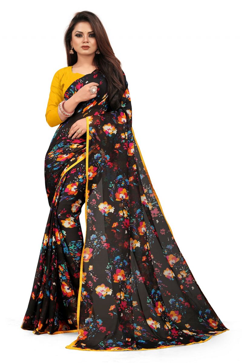 Buy Mahadev Enterprise Black Chiffon Printed Saree With Banglori Print Blouse Piecs( Code -bbc188e) online