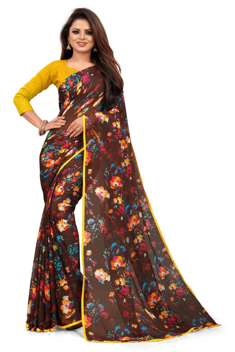 Buy Mahadev Enterprise Brown Chiffon Printed Saree With Banglori Print Blouse Piecs( Code -bbc188h) online