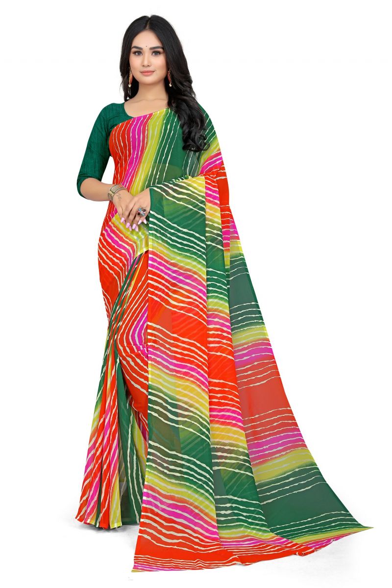 Buy Mahadev Enterprise Multicolor Georgette Leheriya Print Saree With Art Silk Blouse Piece(dc255green) online