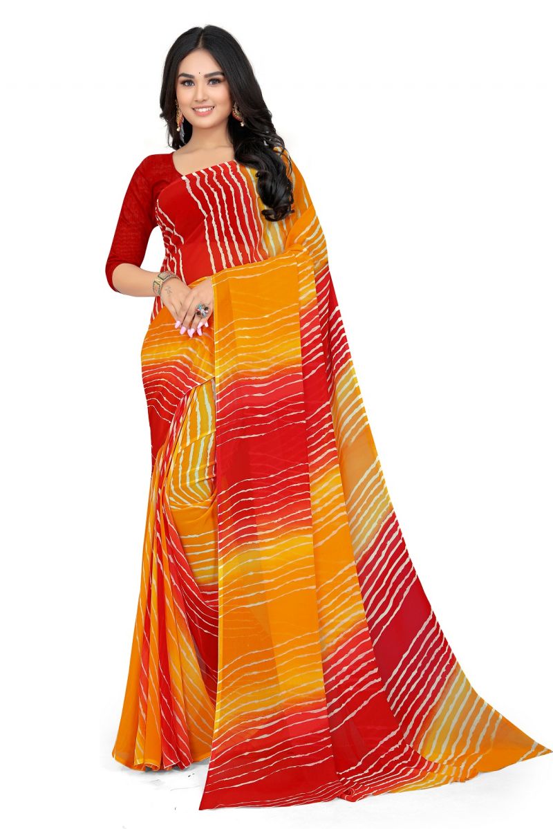 Buy Mahadev Enterprise Multicolor Georgette Leheriya Print Saree With Art Silk Blouse Piece(dc255yellow) online
