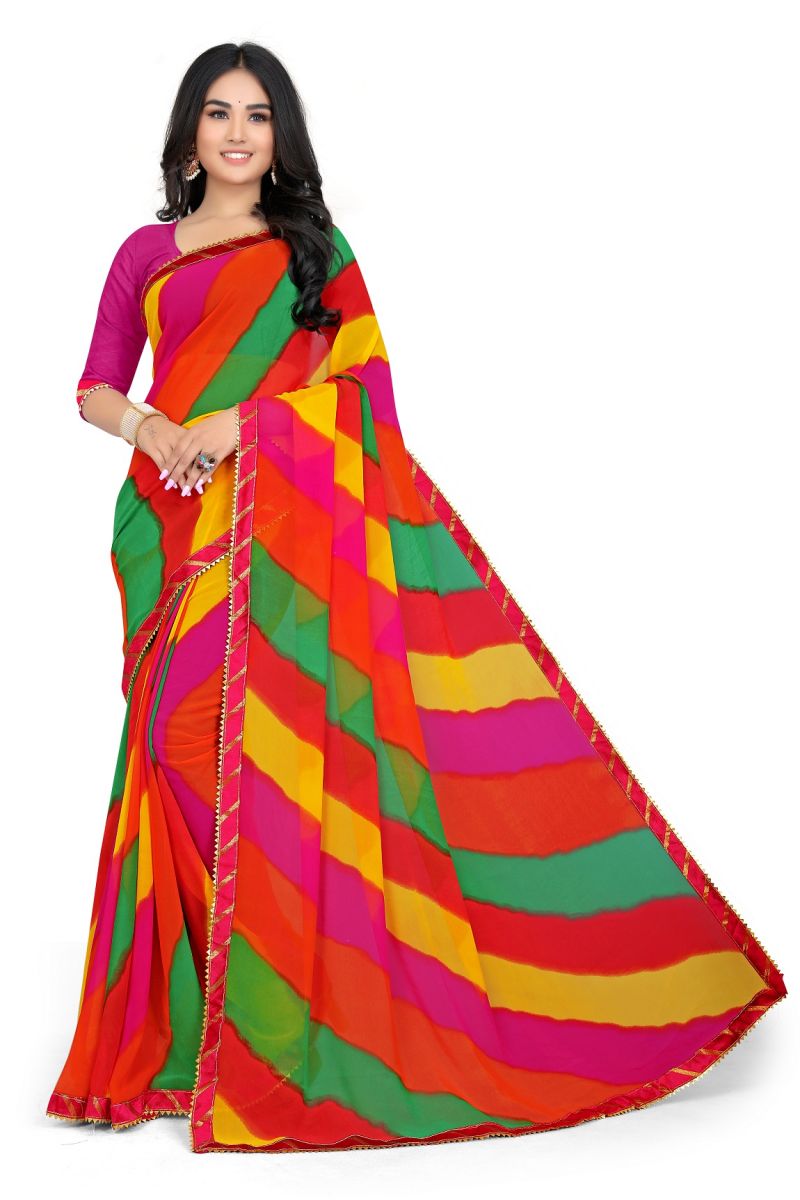 Buy Mahadev Enterprise Multicolor Georgette Leheriya Print Saree With Art Silk Blouse Piece(dc256pink) online