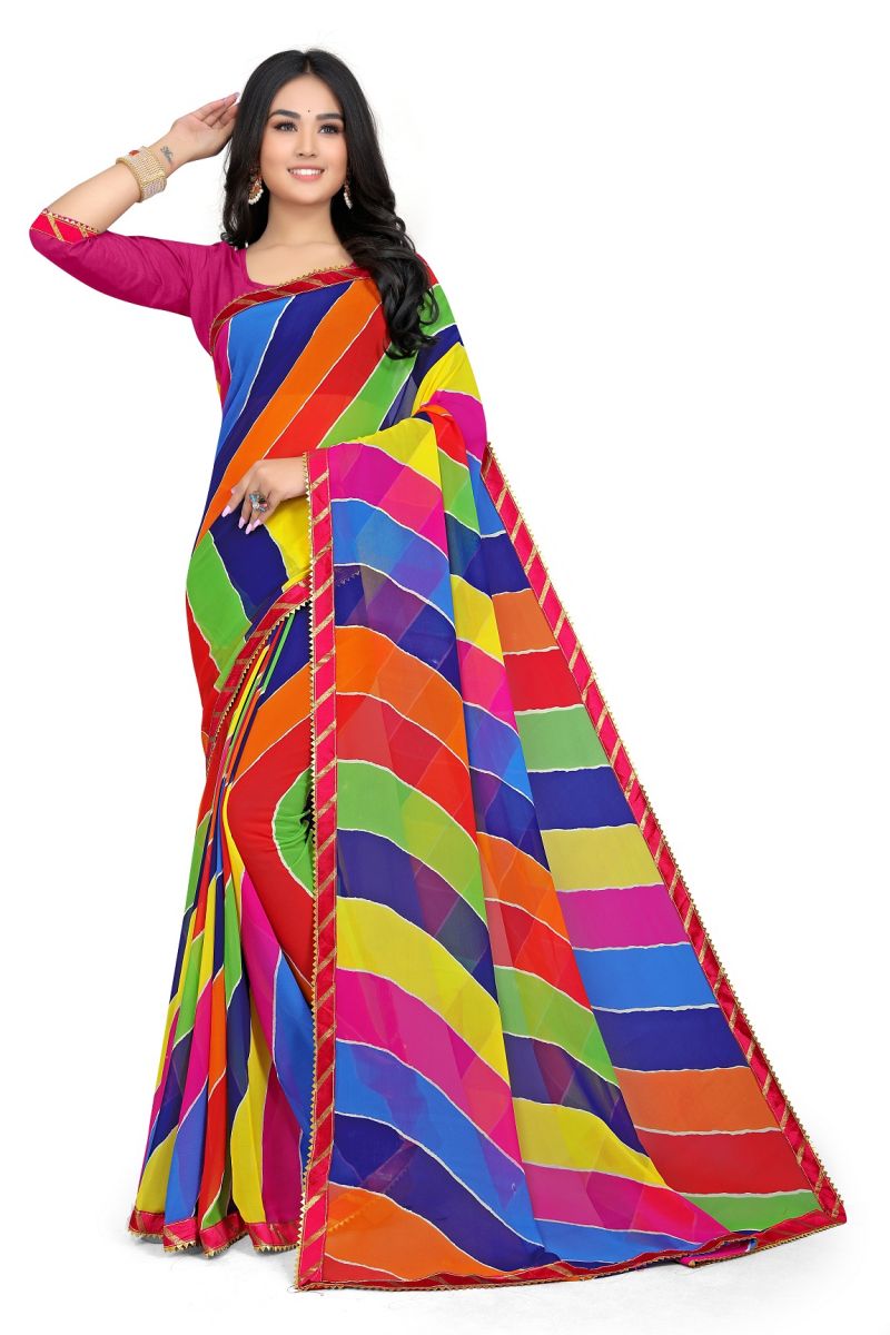 Buy Mahadev Enterprise Multicolor Georgette Leheriya Print Saree With Art Silk Blouse Piece(dc257pink) online