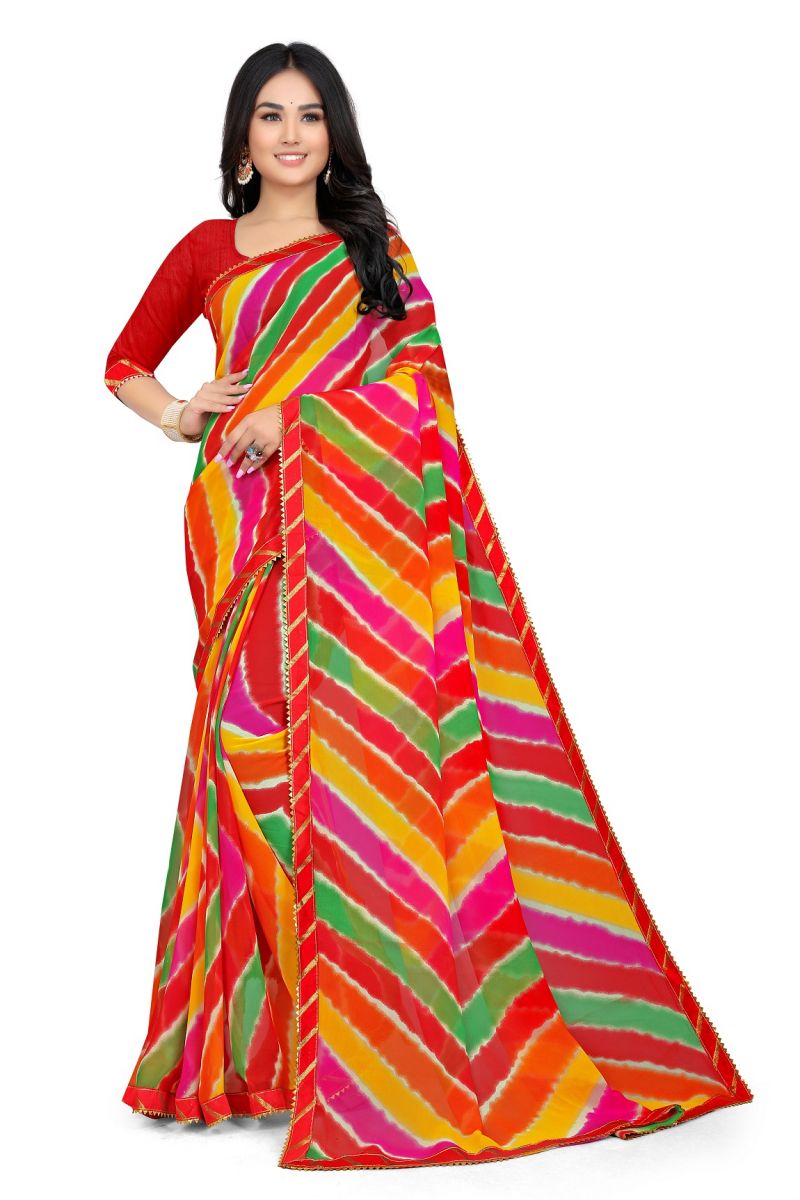 Buy Mahadev Enterprise Multicolor Georgette Leheriya Print Saree With Art Silk Blouse Piece(dc258red) online