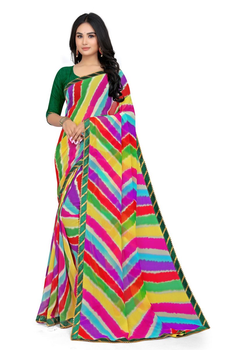 Buy Mahadev Enterprise Multicolor Georgette Leheriya Print Saree With Art Silk Blouse Piece(dc259green) online
