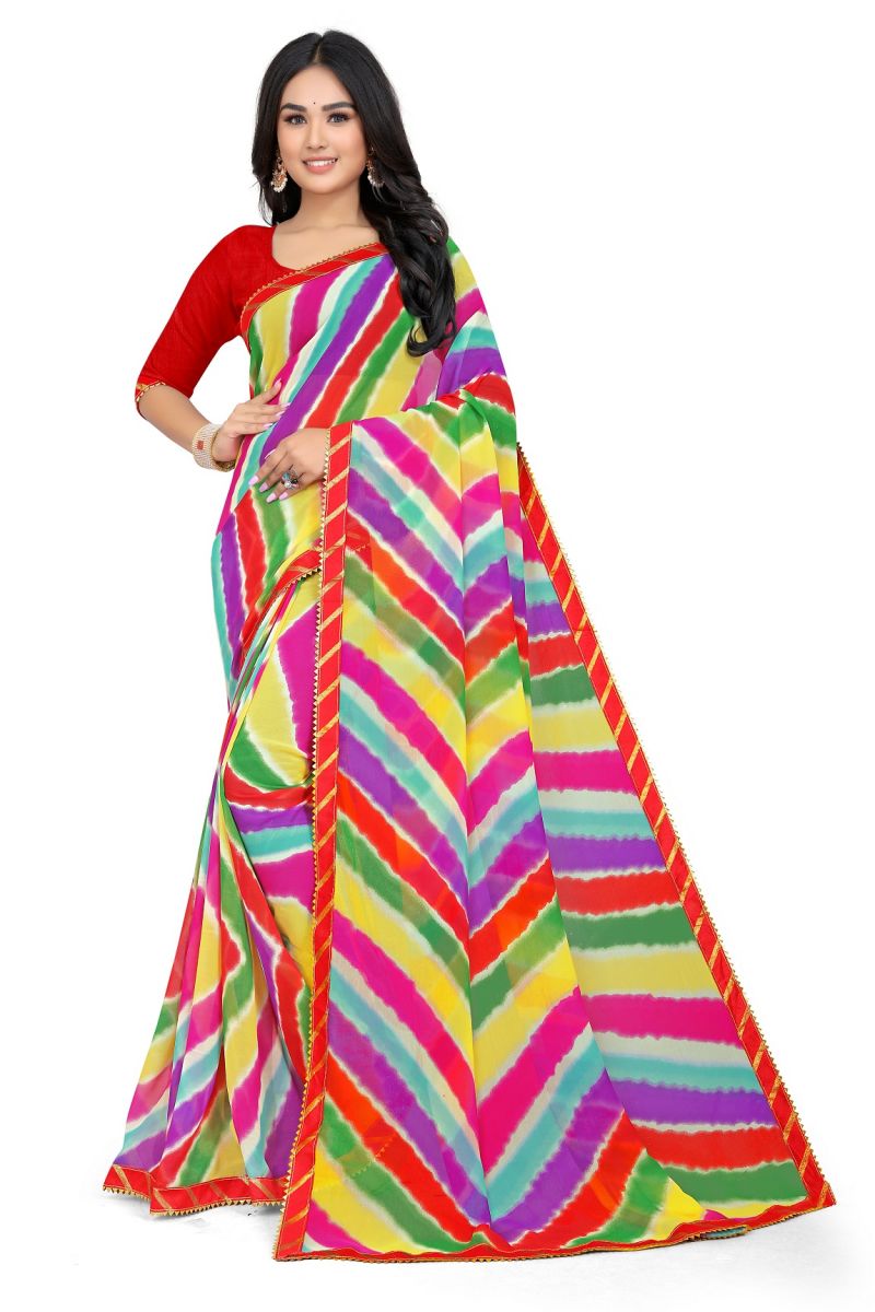 Buy Mahadev Enterprise Multicolor Georgette Leheriya Print Saree With Art Silk Blouse Piece(dc258red) online