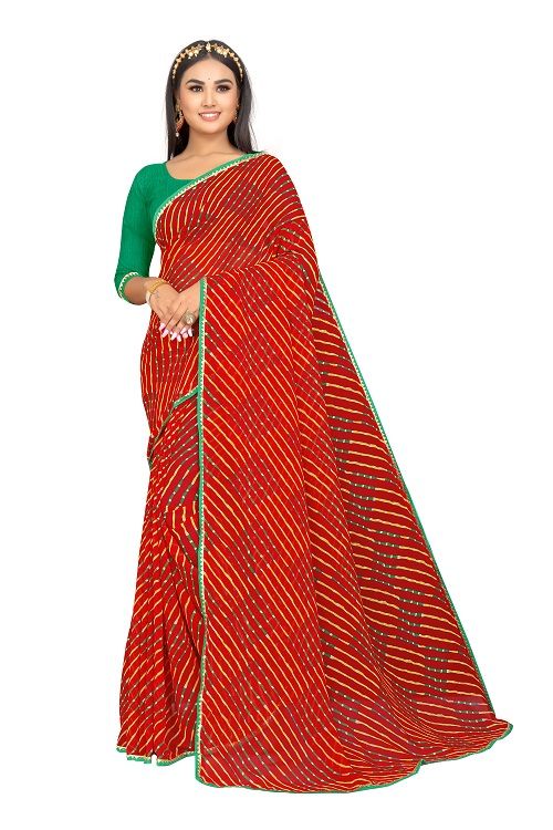 Buy Mahadev Enterprise Printed Georgette Lace Border Saree With Running Blouse Piece (dc262red)` online