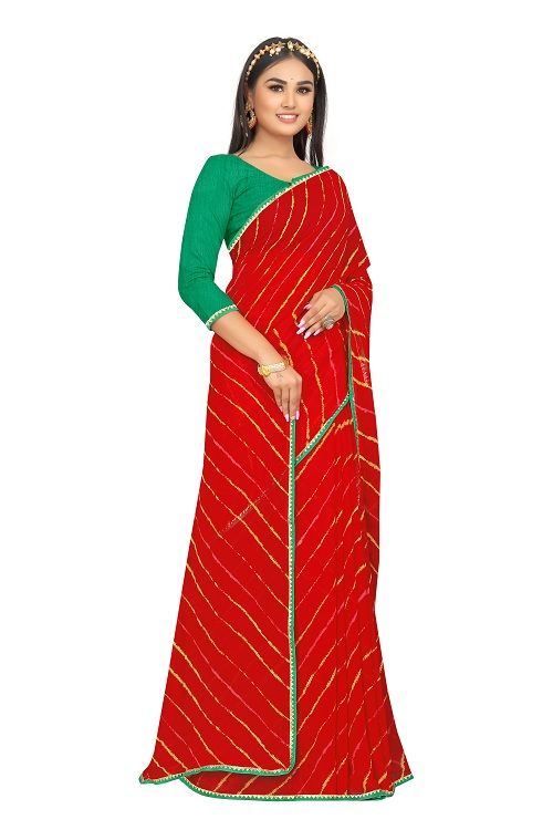 Buy Mahadev Enterprise Printed Georgette Lace Border Saree With Running Blouse Piece (dc263red) online
