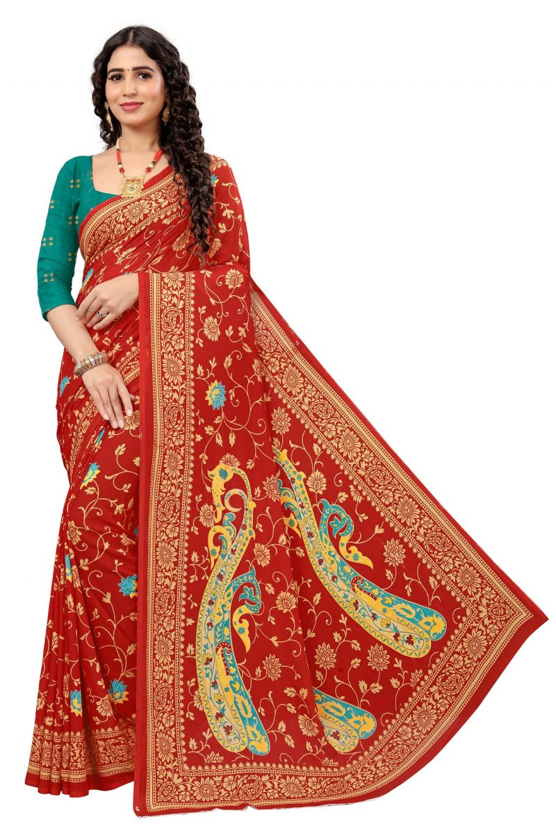 Buy Mahadev Enterprise Printed Georgette Saree With Running Blouse Piece (dc217red) online