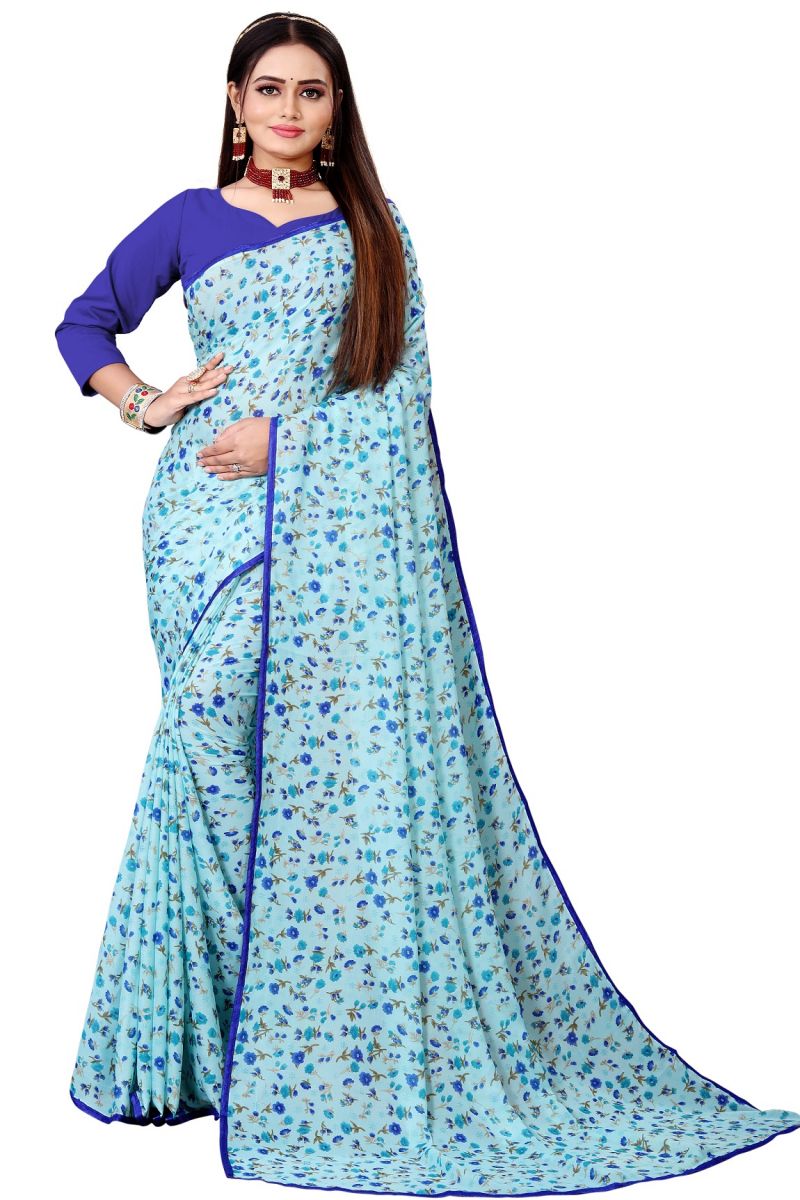 Buy Mahadev Enterprise Floral Print Georgette Saree With Art Silk Blouse Piece(dc249blue) online