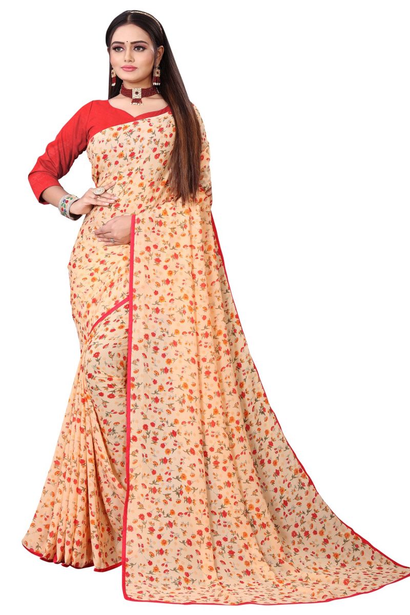 Buy Mahadev Enterprise Floral Print Georgette Saree With Art Silk Blouse Piece(dc249red) online