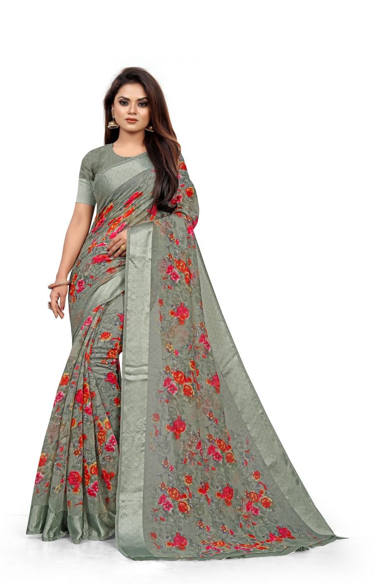 Buy Mahadev Enterprise Multicolor Linen Satin Patta Saree With Running Blouse Piece (code-bbc187cc) online