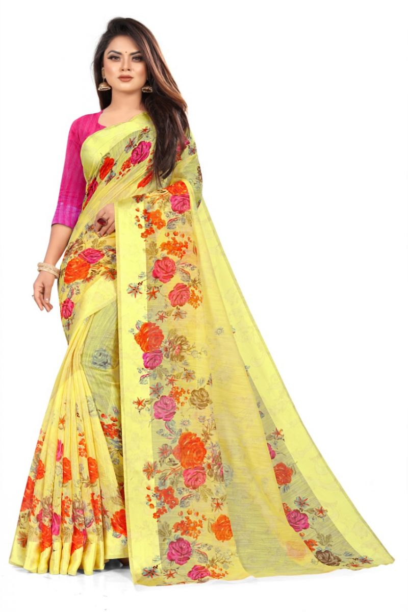 Buy Mahadev Enterprise Yellow Linen Satin Patta Saree With Running Blouse Piece - ( Code - Bbc175-ff ) online