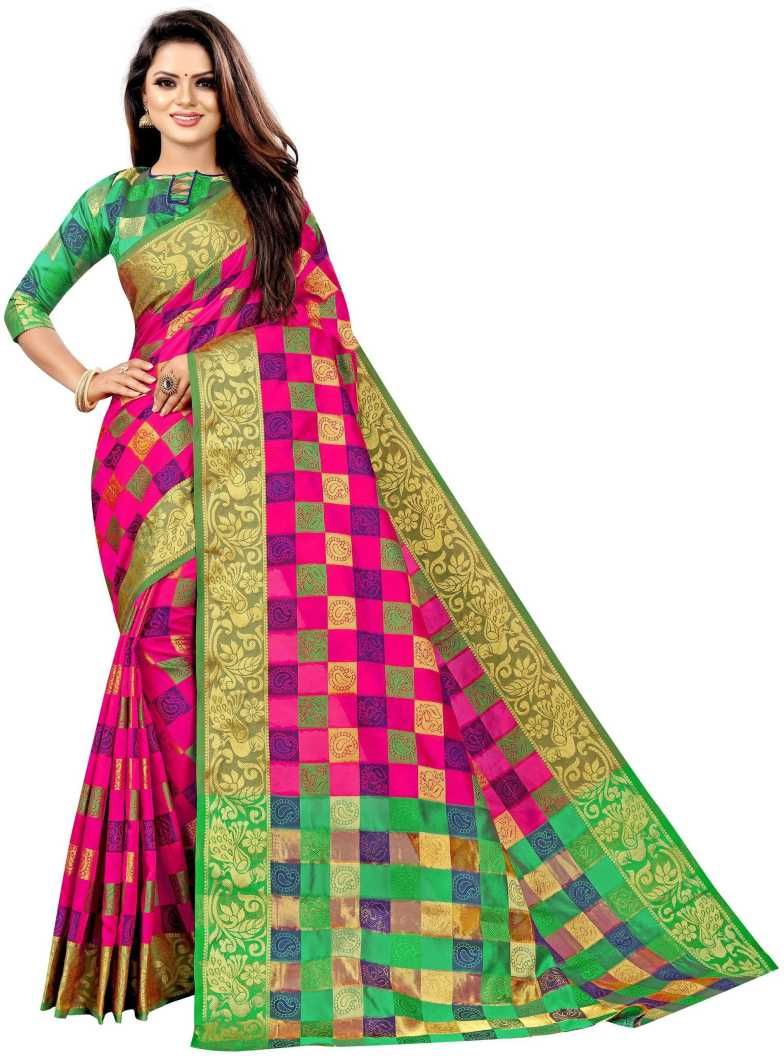 Buy Mahadev Enterprise Heavy Banarasi Silk Pink Saree With Running Blouse Piece (code-dc201pink) online