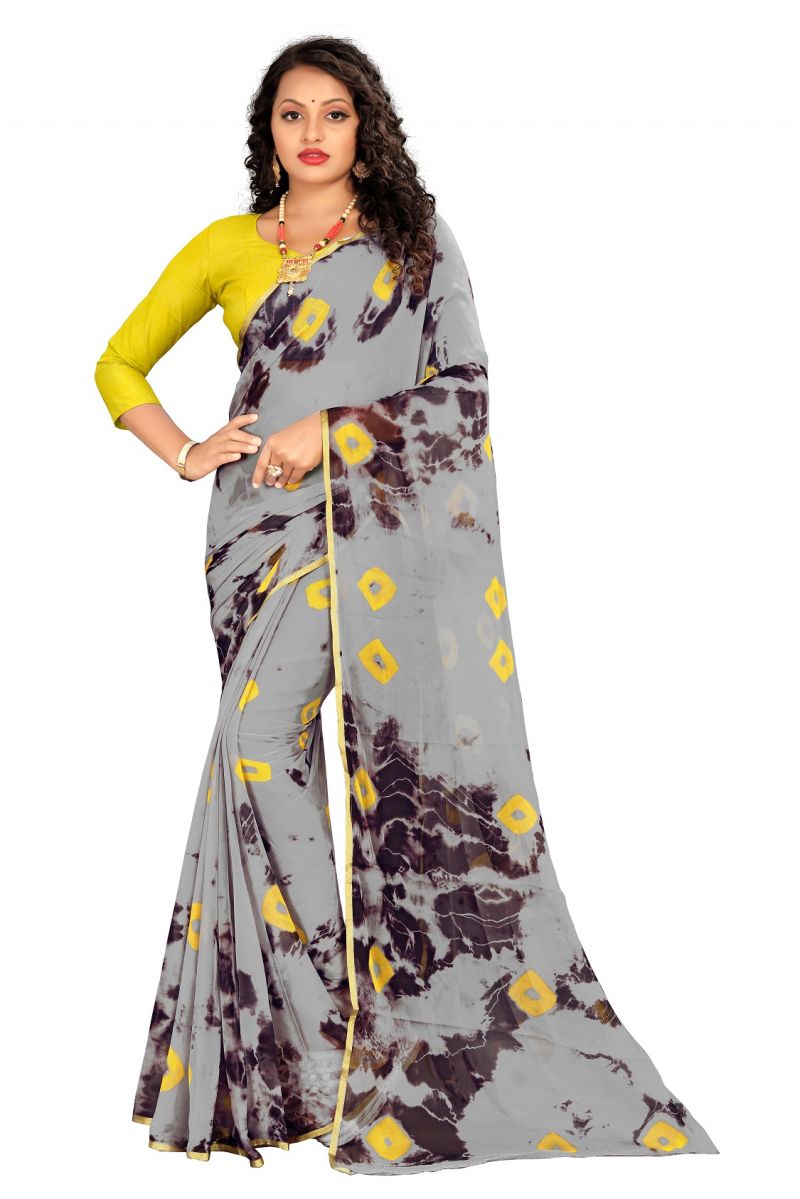 Buy Mahadev Enterprise Chiffon Grey Saree With Blouse Piece (dc211 Yellow) online